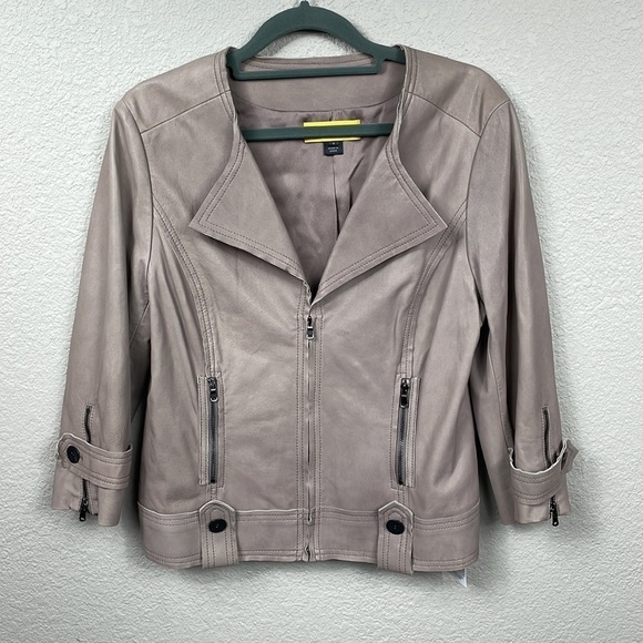 St John Leather Biker Moto Jacket Taupe Neutral 3/4 Sleeve Lightweight Fall 4 - Picture 2 of 13